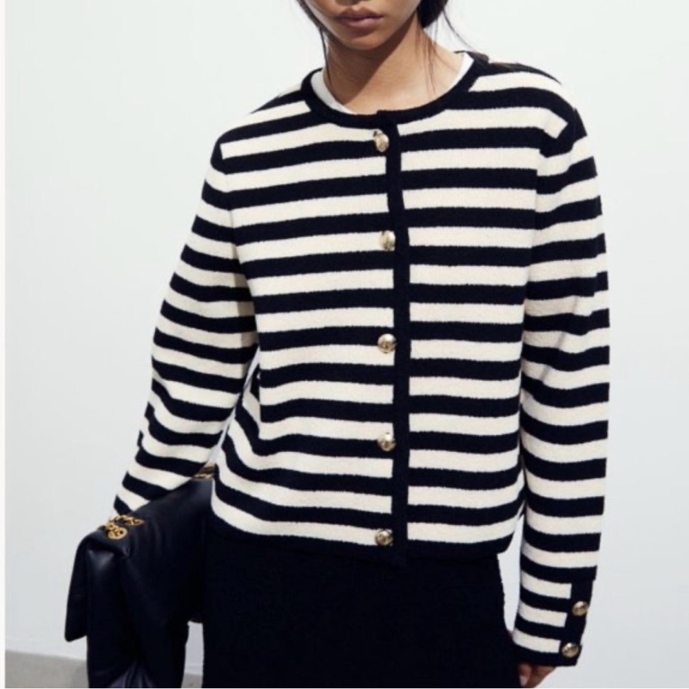 H &M Black and White Striped Cardigan with Gold Buttons